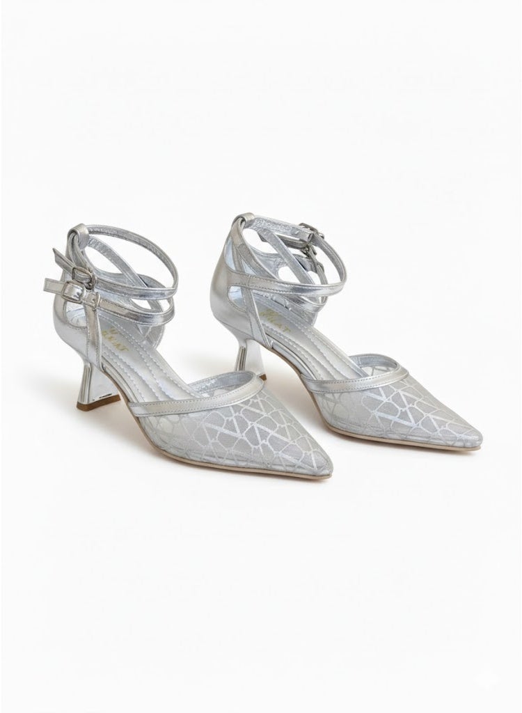 لايف ستيلاش  أحذية بكعب متوسط من القماش والجلد مع إبزيم F-601 - فضي - Image 2